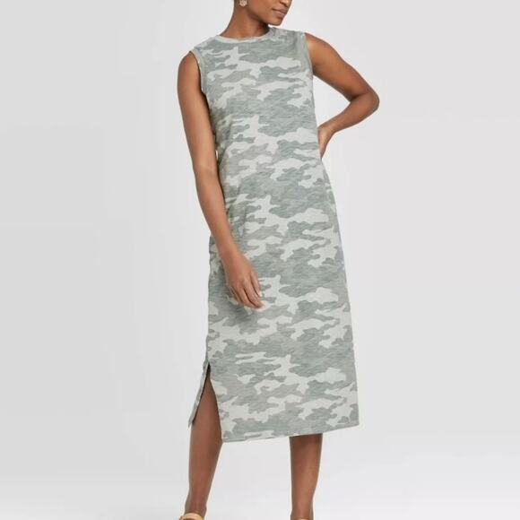Universal Thread Camo Midi Dress Sleeveless XS Muted Colors Crewneck 100% Cotton - Picture 1 of 9